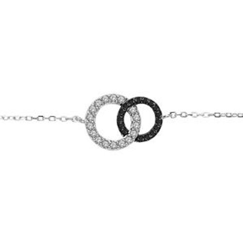 Bracelet Argent Rhodié 2 Cercles Entremelés Pierres Blanches Et Noires 16+1+1cm