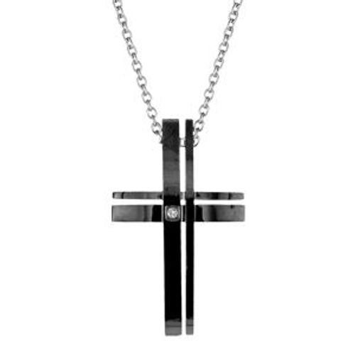 Collier Acier Chaînette Pendentif Croix Résine Noire 51cm