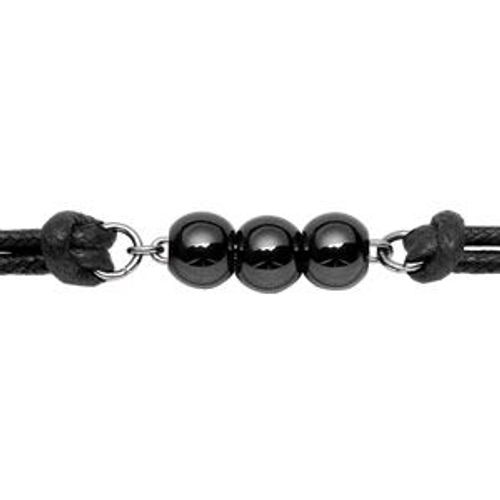 Bracelet Acier Cordon Noir Centre 3 Boules Céramique Noires