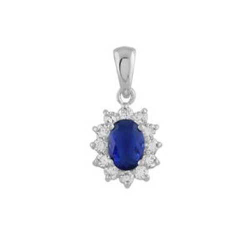 Petit Pendentif Argent Rhodié "Royal"  Pierre Synthétique Bleue Entourage Pierres Blanches