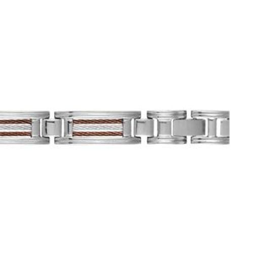 Bracelet Acier 2 Câbles Marron Et 1 Gris Central 23cm Réglable Double Fermoir