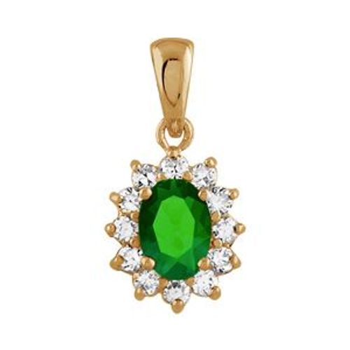 Petit Pendentif Plaqué Or Royal Pierre Verte Avec Contour Pierres Blanches