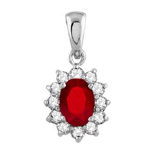 Petit Pendentif Argent Rhodié "Royal"  Pierre Synthétique Rouge Entourage Pierres Blanches