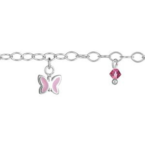 Bracelet Argent Pampilles Papillons Roses Et Zirconias Roses Réglable