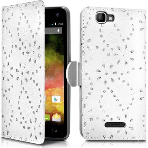 Etui Coque Portefeuille Style Diamant Couleur Blanc Pour Wiko Rainbow 4g + Film De Protection