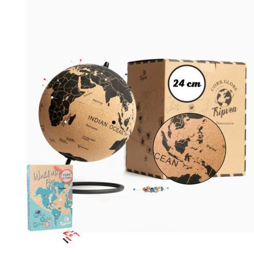 Tripvea® Globe Terrestre 24 Cm Vintage En Liège + 342 Drapeaux Autocollants À Planter - Mappemonde Décorative Thème Voyage - Idée Cadeau