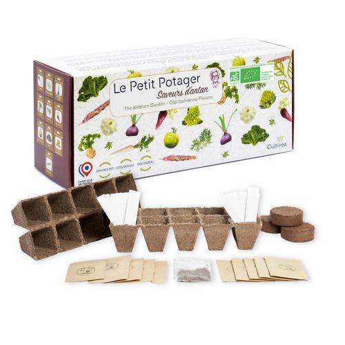 CULTIVEA® Le Kit prêt à pousser Petit Potager - Saveurs anciennes - Pots à semis - Graines bio (herbes aromatiques, tomates, chou kale, carottes)