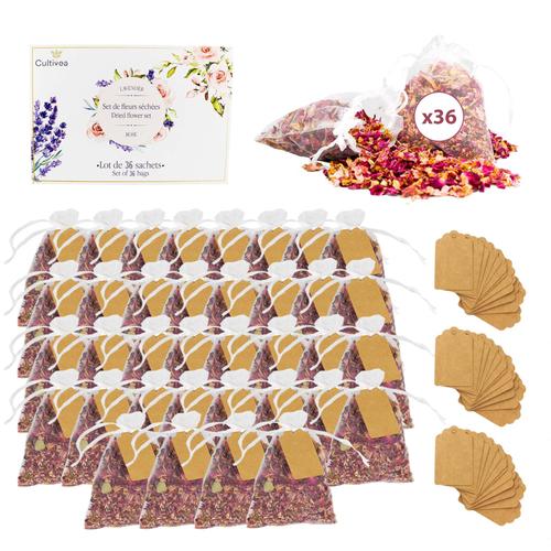 CULTIVEA® 36 sachets de Fleurs séchées naturelles ? Roses - Fleurs pour mariage, anniversaire, fête - Décoration - Confettis - Pétales de roses séchées