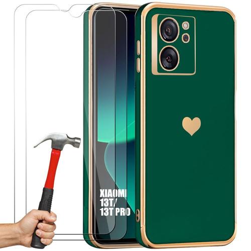 Coque Pour Xiaomi 13t / 13t Pro - Vert Nuit - Etui Antichoc En Silicone Hybride Avec Motif D'amour CUr Plaqué + 2 Verres Trempés - E.F.Connection