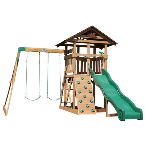 Backyard Discovery Lightning Ridge Aire De Jeux En Bois | Aire De Jeux Extérieur Avec Double Balançoire/Toboggan/Mur D'escalade, Balancoire Exterieur Avec Toboggan, Portique Balancoire Exterieur