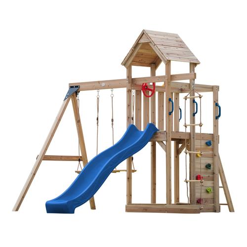 Axi Moos Aire De Jeux En Bois Avec 2 Balançoires, Echelle En Corde, Toboggan Bleu / Aire De Jeux Extérieur Avec Balançoires/ Bac À Sable/Mur D'escalade | Portique Balançoire/Jeux En Bois Extérieur