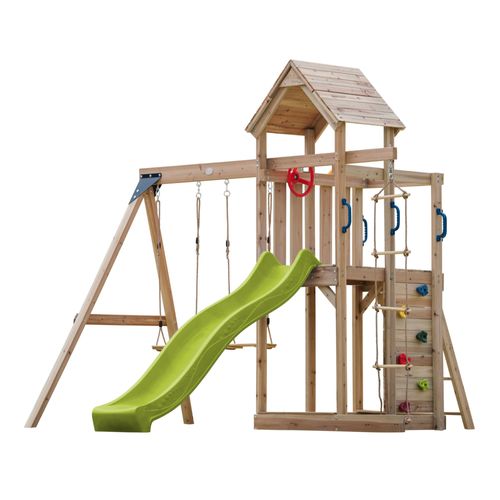 Axi Moos Aire De Jeux En Bois Avec 2 Balançoires, Echelle En Corde, Toboggan Vert Citron / Aire De Jeux Extérieur Balançoires/ Bac À Sable/Mur D'escalade | Portique Balançoire/Jeux En Bois Extérieur