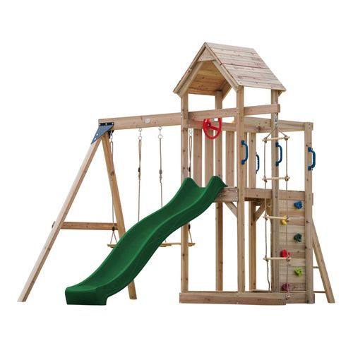 Axi Moos Aire De Jeux En Bois Avec 2 Balançoires, Echelle En Corde, Toboggan Vert / Aire De Jeux Extérieur Avec Balançoires/ Bac À Sable/Mur D'escalade | Portique Balançoire/Jeux En Bois Extérieur