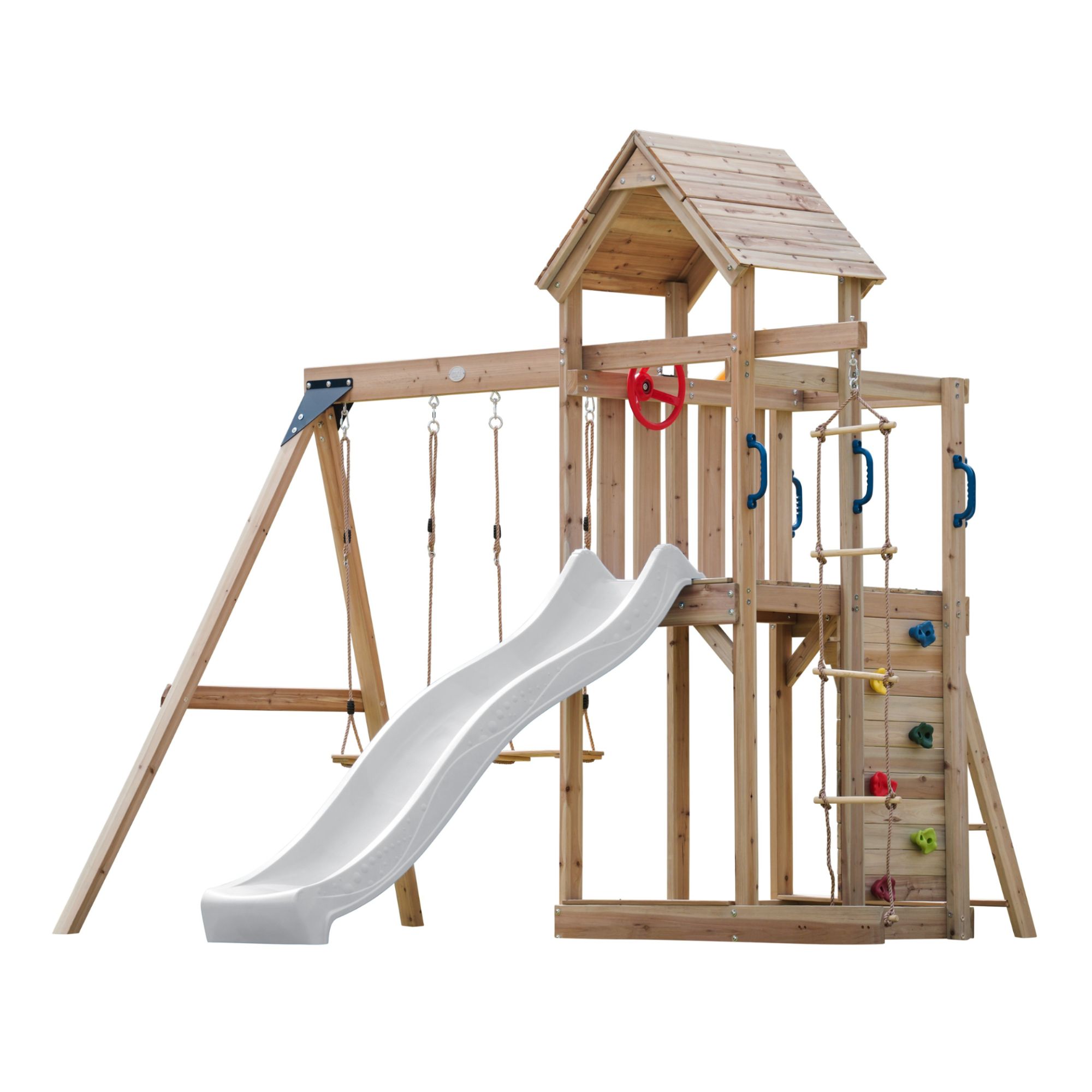 Axi Moos Aire De Jeux En Bois Avec 2 Balançoires, Toboggan Blanc, Echelle En Corde / Aire De Jeux Extérieur Avec Balançoires/ Bac À Sable/Mur D'escalade | Portique Balançoire/Jeux En Bois Extérieur