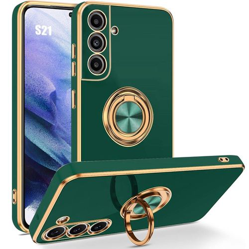 Coque Pour Samsung Galaxy S21, Silicone Liquide, Design Support De Bague Placage, Protection Antichoc, Vert Nuit - Booling