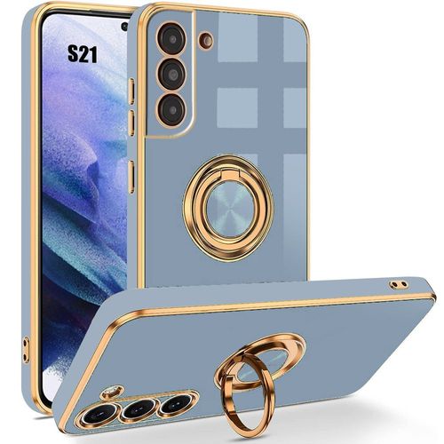 Coque Pour Samsung Galaxy S21, Bleu, Coque Antichoc En Silicone Avec Support De Bague Mignon Et Bordure Plaquée - Booling