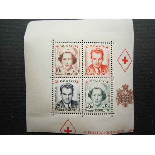 Monaco. Croix Rouge 1949. Princesse Charlotte Et Prince Rainier Iii. 4 Timbres Denteles Presentes En Un Bloc (N° 334a À 337a)