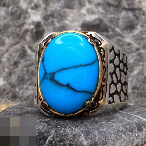 Chevaliére De La Collection Ottoman En Argent Massif 925 Sertie Bleu Turquoise