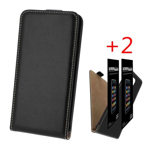 Pour Samsung Galaxy Alpha : Housse Aspect Cuir Noir Rabat Luxe+ 2 Films