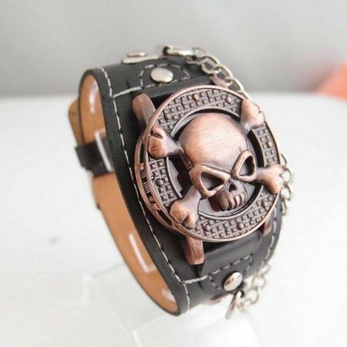 Montre Tête De Mort Bronze Crane Crâne Homme Femme Ado Bracelet Cuir Analogique Quartz Insolite Punk Gothique Autre 