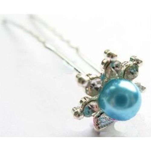 Epingle À Cheveux Boule Perle De Culture Nacre Bleu Fleur Cristal Strass 