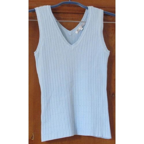 Top Misis Taille M - Joli Petit Haut Sans Manches, Encolure En V, Bords Festonnés - Rayures Effet Smocks - Bleu Clair