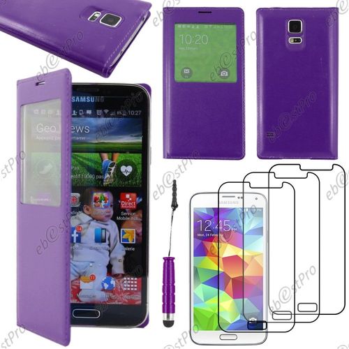 Ebeststar ® Housse Coque Etui Smart View Cover Type S-View Portefeuille Livre Pour Samsung Galaxy S5 Mini Sm-G800 G800f G800h, Couleur Violet + Mini Stylet 3 Film