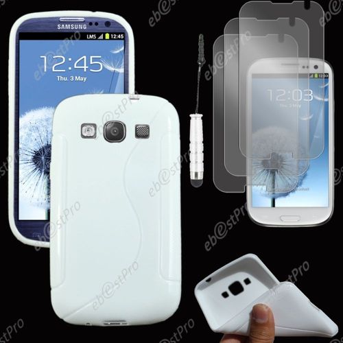 Ebeststar ® Housse Etui Coque Silicone Gel Motif S-Line Protection Souple Pour Samsung Galaxy S3 I9300 I9305, Couleur Blanc + Mini Stylet 3 Film