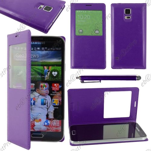 Ebeststar ® Housse Coque Etui Smart View Cover Type S-View Portefeuille Livre Pour Samsung Galaxy S5 Mini Sm-G800 G800f G800h, Couleur Violet + Stylet + Film Protection D'écran