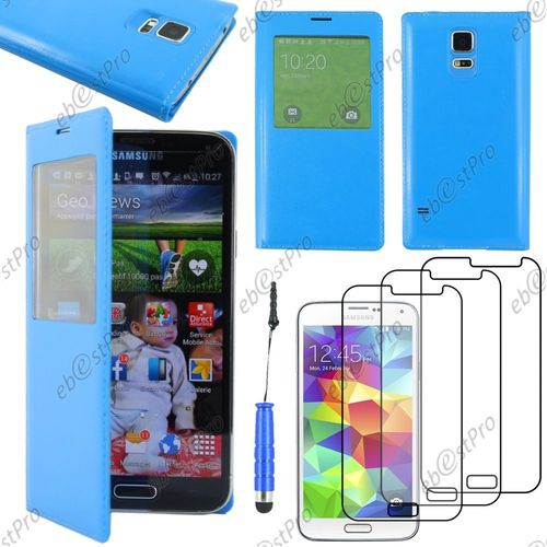 Ebeststar ® Housse Coque Etui Smart View Cover Type S-View Portefeuille Livre Pour Samsung Galaxy S5 Mini Sm-G800 G800f G800h, Couleur Bleu + Mini Stylet 3 Film