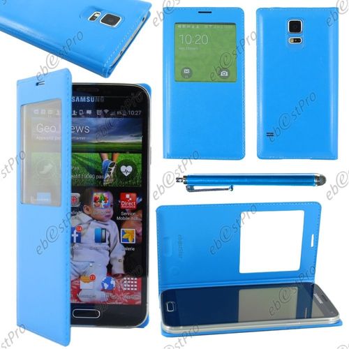 Ebeststar ® Housse Coque Etui Smart View Cover Type S-View Portefeuille Livre Pour Samsung Galaxy S5 Mini Sm-G800 G800f G800h, Couleur Bleu + Stylet + Film Protection D'écran