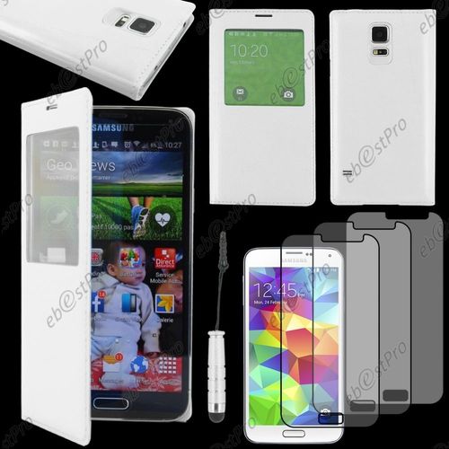 Ebeststar ® Housse Coque Etui Smart View Cover Type S-View Portefeuille Livre Pour Samsung Galaxy S5 Mini Sm-G800 G800f G800h, Couleur Blanc + Mini Stylet 3 Film
