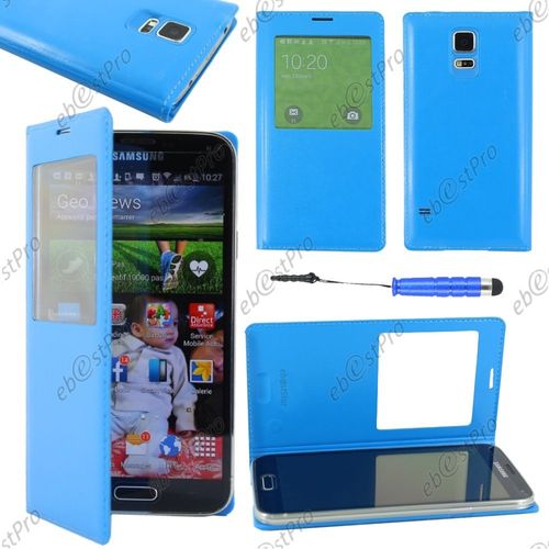 Ebeststar ® Housse Coque Etui Smart View Cover Type S-View Portefeuille Livre Pour Samsung Galaxy S5 Mini Sm-G800 G800f G800h, Couleur Bleu + Mini Stylet + Film Protection D'écran