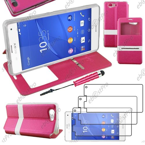 Ebeststar ® Housse Coque Etui Smart View Cover Type S-View Portefeuille Livre Pour Sony Xperia Z3 Compact, Couleur Rose + Mini Stylet 3 Film