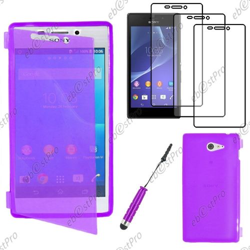 Ebeststar ® Housse Etui Coque Portefeuille Livre Silicone Gel Pour Sony Xperia M2 D2302 D2303, Couleur Violet + Mini Stylet 3 Film