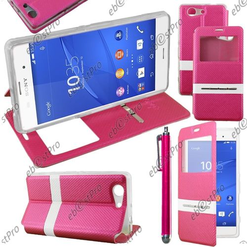 Ebeststar ® Housse Coque Etui Smart View Cover Type S-View Portefeuille Livre Pour Sony Xperia Z3 Compact, Couleur Rose + Stylet + Film Protection D'écran