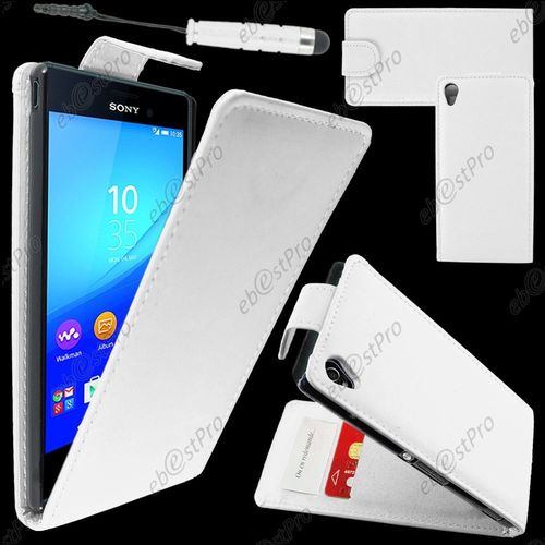 Ebeststar ® Housse Coque Etui Simili Cuir À Rabat Vertical Pour Sony Xperia M4 Aqua, M4 Aqua Dual, Couleur Blanc + Mini Stylet + Film Protection D'écran