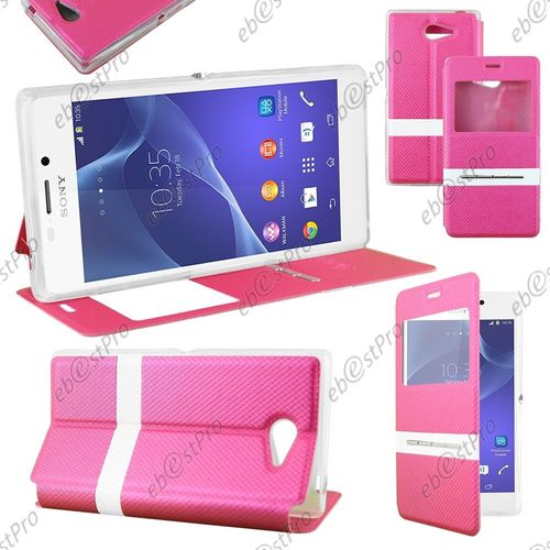Ebeststar ® Housse Coque Etui Smart View Cover Type S-View Portefeuille Livre Pour Sony Xperia M2 D2302 D2303, Couleur Rose + Film Protection D'écran