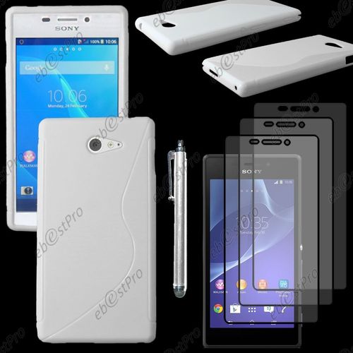 Ebeststar ® Housse Etui Coque Silicone Gel Motif S-Line Protection Souple Pour Sony Xperia M2 D2302 D2303, Couleur Blanc + Stylet 3 Film