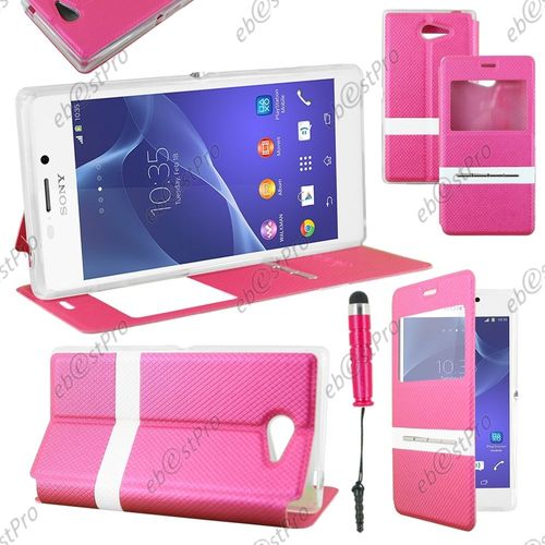 Ebeststar ® Housse Coque Etui Smart View Cover Type S-View Portefeuille Livre Pour Sony Xperia M2 D2302 D2303, Couleur Rose + Mini Stylet + Film Protection D'écran