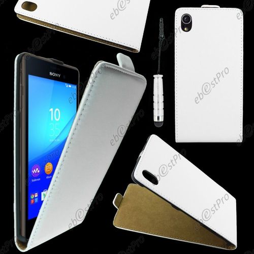 Ebeststar ® Housse Coque Etui En Pu Cuir À Rabat Ultra Fine (Slim Case) Pour Sony Xperia M4 Aqua, M4 Aqua Dual, Couleur Blanc + Mini Stylet + Film Protection D'écran