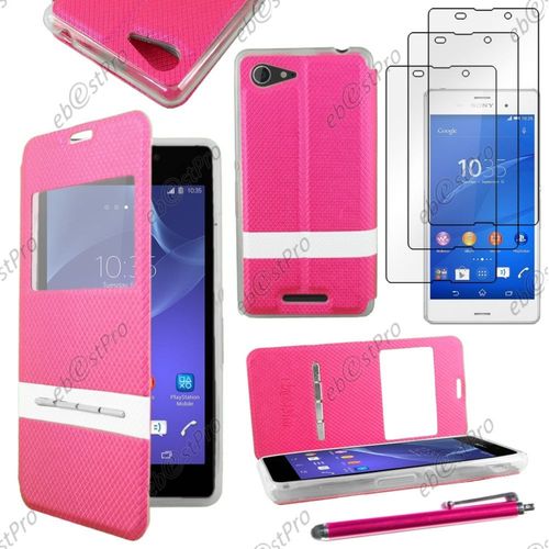 Ebeststar ® Housse Coque Etui Smart View Cover Type S-View Portefeuille Livre Pour Sony Xperia E3 D2203, Couleur Rose + Stylet 3 Film