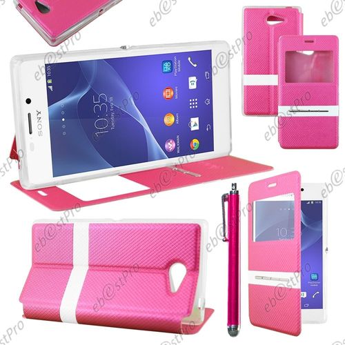 Ebeststar ® Housse Coque Etui Smart View Cover Type S-View Portefeuille Livre Pour Sony Xperia M2 D2302 D2303, Couleur Rose + Stylet + Film Protection D'écran