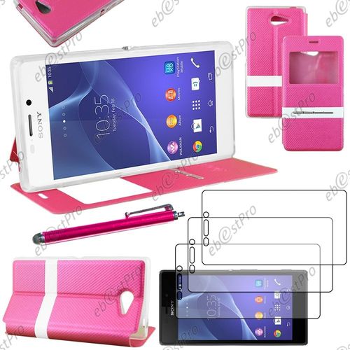 Ebeststar ® Housse Coque Etui Smart View Cover Type S-View Portefeuille Livre Pour Sony Xperia M2 D2302 D2303, Couleur Rose + Stylet 3 Film