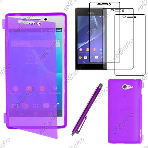 Ebeststar ® Housse Etui Coque Portefeuille Livre Silicone Gel Pour Sony Xperia M2 D2302 D2303, Couleur Violet + Stylet 3 Film