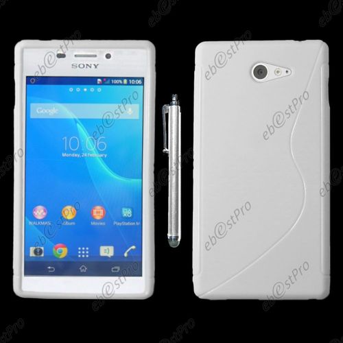 Ebeststar ® Housse Etui Coque Silicone Gel Motif S-Line Protection Souple Pour Sony Xperia M2 D2302 D2303, Couleur Blanc + Stylet + Film Protection D'écran