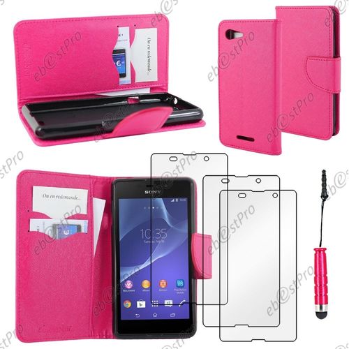 Ebeststar ® Housse Coque Etui Portefeuille Folio Book Livre Simili Cuir Pour Sony Xperia E3 D2203, Couleur Rose + Mini Stylet 3 Film