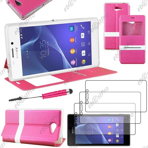 Ebeststar ® Housse Coque Etui Smart View Cover Type S-View Portefeuille Livre Pour Sony Xperia M2 D2302 D2303, Couleur Rose + Mini Stylet 3 Film