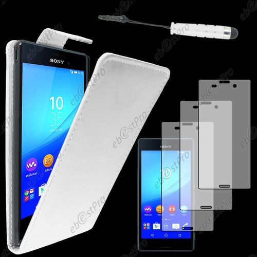 Ebeststar ® Housse Coque Etui Simili Cuir À Rabat Vertical Pour Sony Xperia M4 Aqua, M4 Aqua Dual, Couleur Blanc + Mini Stylet 3 Film