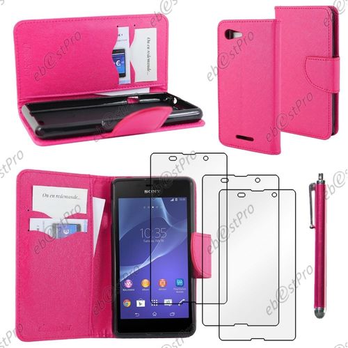 Ebeststar ® Housse Coque Etui Portefeuille Folio Book Livre Simili Cuir Pour Sony Xperia E3 D2203, Couleur Rose + Stylet 3 Film